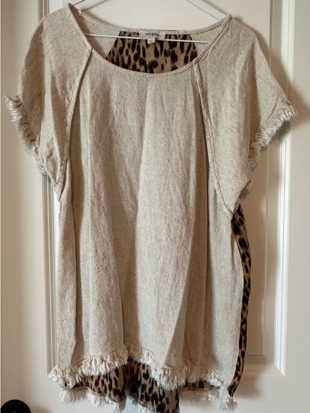 Umgee Cream Tunic with Leopard Accent and Fringe L